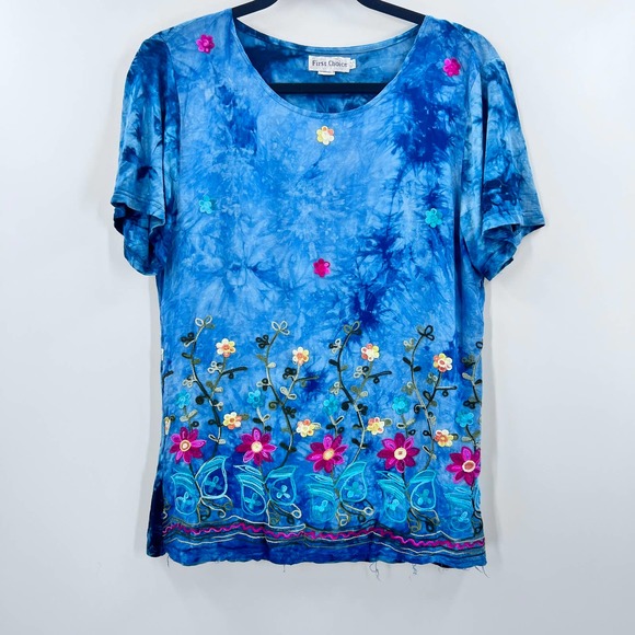 Vintage Embroidered Short Sleeve Tie Dye Blouse Textured Floral Details Large - Picture 1 of 8